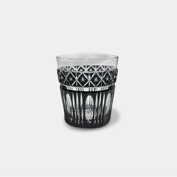 Black Kiriko glass, Satsuma Kiriko old glass, Japanese cut glass black crystal, Satsuma Vidro Kagoshima, traditional Japanese whiskey glass, black crystal tumbler Japan, handmade Japanese barware, paulownia box Kiriko glass, luxury Japanese gift glassware, rare Japanese cut glass, symbolic black crystal glass, artisan whiskey tumbler Japan, Satsuma cut glass craftsmanship, traditional Japanese sake cup, collector’s Japanese Kiriko glass