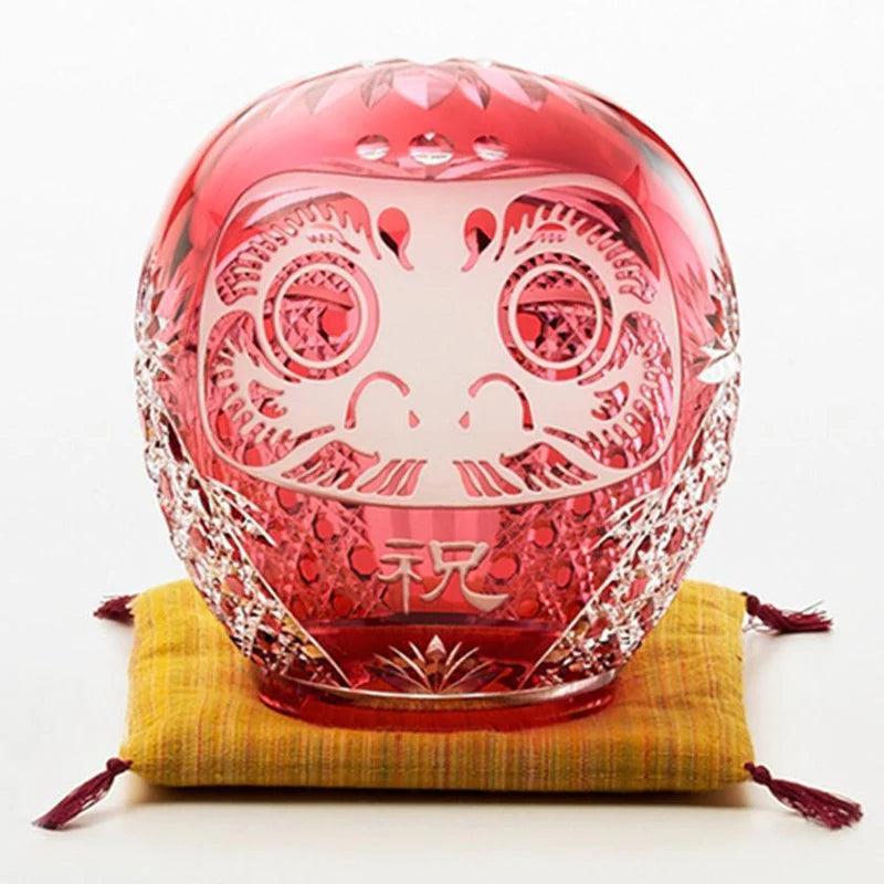 Edo Kiriko Daruma, crystal Daruma doll, Kagami Crystal Japan, Japanese cut glass figurine, red crystal Daruma, gold-red crystal ornament, Edo Kiriko glass art, Japanese good luck charm, Daruma with both eyes open, Japanese perseverance symbol, handmade crystal Daruma, Ibaraki glass craftsmanship, Japanese milestone celebration gift, luxury Japanese glassware, traditional Edo cut glass