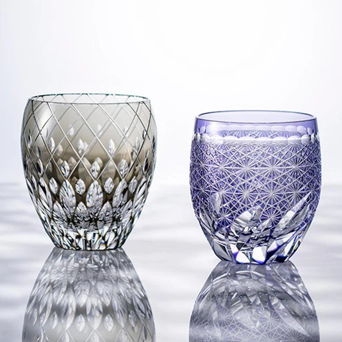 Edo Kiriko Fuuga glass, Hideaki Shinozaki Edo Kiriko, Kagami Crystal rock glass, handmade Japanese cut glass, traditional Japanese tumbler, artisan Edo cut glassware, Edo Kiriko Kagami Crystal, collectible Japanese glass, rounded Edo Kiriko rock glass, Japanese craftsmanship glassware, decorative crystal rock glass