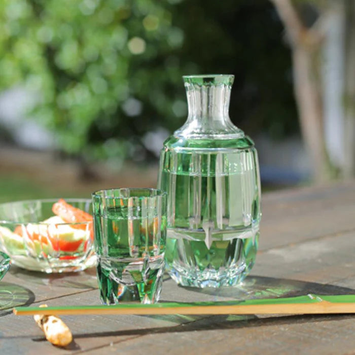 Edo Kiriko bamboo glass set, Japanese bamboo crystal glassware, Kagami Crystal bamboo stem design, Edo Kiriko bottle and cups, Japanese green crystal glass, handmade Edo cut glass Japan, symbolic bamboo motif drinkware, Japanese artisan glass set, bamboo motif crystal tumbler, Japanese giftware bamboo design, Edo Kiriko handcrafted green glass, traditional Japanese cut crystal set, luxury Japanese crystal bamboo