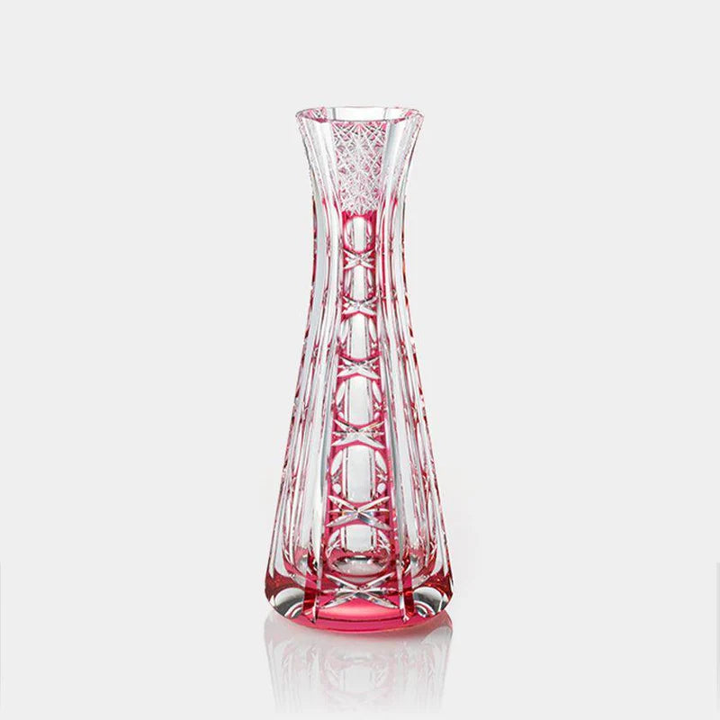 Edo Kiriko bud vase, Japanese cut glass bud vase, Kagami Crystal vase, Junichi Nabetani Edo Kiriko, pink crystal bud vase, Kiku Tsunagi pattern vase, Japanese single flower vase, handcrafted Japanese crystal vase, Edo Kiriko wedding gift, traditional Japanese glassware, pink Edo cut glass, Japanese luxury vase, artisan-made crystal vase, Japanese birthday gift vase, symbolic Japanese flower vase