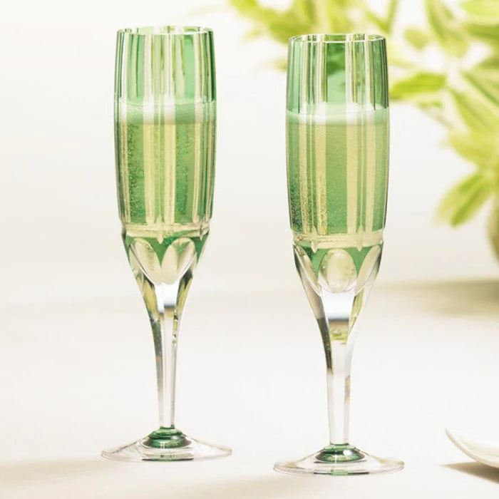 Edo Kiriko champagne glasses, Kagami Crystal flute glasses, Japanese crystal glassware, royal blue crystal glasses, bamboo motif Edo Kiriko, handmade Japanese champagne glasses, luxury Japanese crystal, traditional cut glass Japan, collectible crystal flutes, Edo Kiriko wedding gift, Japanese artisan glassware, green bamboo crystal glass set, handmade crystal flute pair