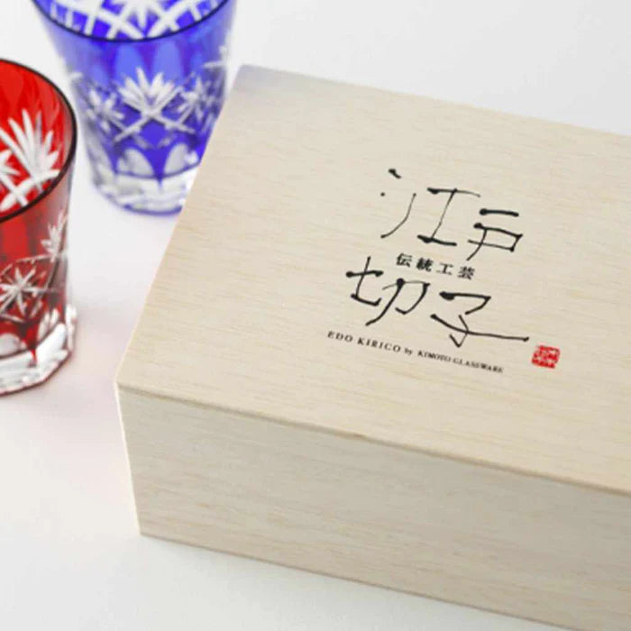 Edo Kiriko glass, Edo cut glass tumbler, Edo cut glass old fashioned, Japanese cut glassware, handmade Edo glass, Kimoto Glassware Edo Kiriko, red and blue Edo glass set, Japanese lattice glass pattern, chrysanthemum Edo cut glass, traditional Japanese glass gift, Japanese artisan glassware, hand-cut glass Japan, luxury Edo glass tumbler pair, symbolic Japanese tableware