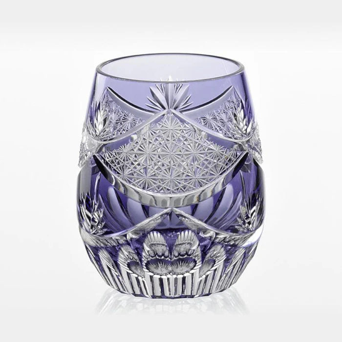 Edo Kiriko glass, Japanese cut crystal, Kagami Crystal glassware, Junichi Nabetani Edo Kiriko, purple crystal glass Japan, traditional Japanese glass, handmade Japanese glass, artisan cut glassware, Japanese cultural gifts, Edo cut glass chrysanthemum, collectible Japanese glass art, master craftsman glass Japan, decorative crystal tumbler, symbolic Japanese glass