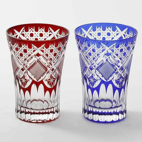 Edo Kiriko glass, Japanese cut glass, Edo cut glass pair, Kimoto glassware, traditional Japanese glassware, Kagome pattern glass, Japanese whiskey glass, Japanese tumbler set, handcrafted glass Tokyo, Edo Kiriko whiskey glasses, Edo Kiriko tumbler, Japanese wedding gift glassware, red and blue glass set, Japanese crystal glassware