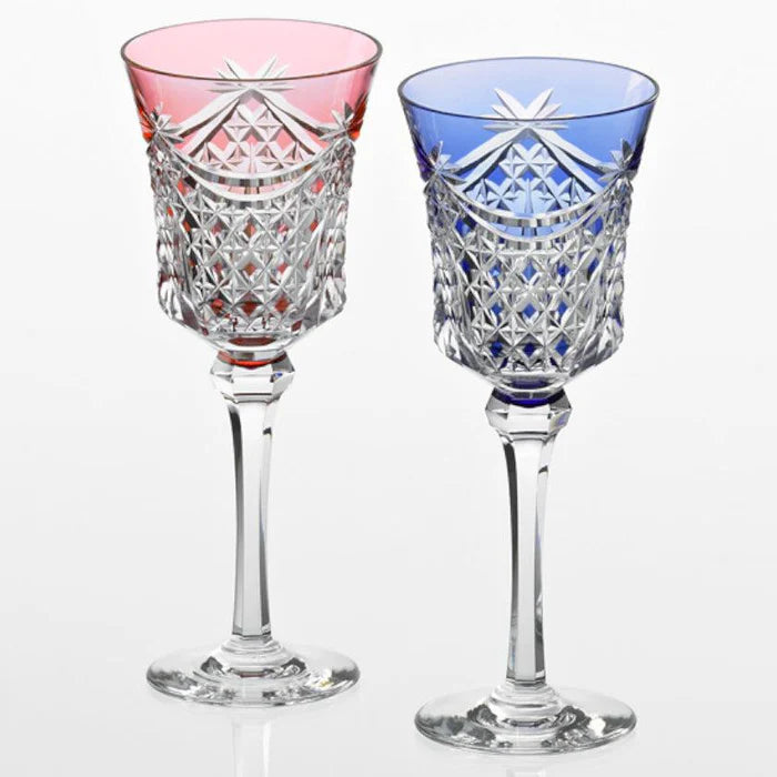 Edo Kiriko glass, Kagami Crystal Edo glass, Japanese cut glass set, red and blue crystal glasses, traditional Japanese glassware, handmade crystal Japan, Edo Kiriko rocks glass, Edo Kiriko wine glass, Kagome lattice glass, Japanese gift glassware, Edo Kiriko crystal pair, Japanese artisan crystal, wedding gift Japanese glass, decorative crystal glassware, Japanese luxury tableware