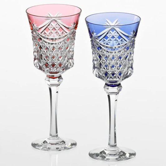 Edo Kiriko glass, Kagami Crystal Edo glass, Japanese cut glass set, red and blue crystal glasses, traditional Japanese glassware, handmade crystal Japan, Edo Kiriko rocks glass, Edo Kiriko wine glass, Kagome lattice glass, Japanese gift glassware, Edo Kiriko crystal pair, Japanese artisan crystal, wedding gift Japanese glass, decorative crystal glassware, Japanese luxury tableware