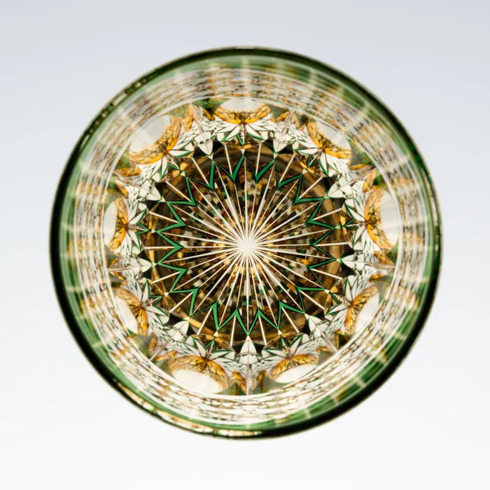 Edo Kiriko glass, Kagami Crystal Kasaneirome Gyoko, Japanese cut glass green crystal, morning light Edo Kiriko tumbler, Satoshi Nabetani glass design, handcrafted Japanese crystalware, traditional Edo cut glass Japan, Kasaneirome layered color technique, Japanese luxury crystal glass, symbolic Japanese glassware, collectible Edo Kiriko art glass, green gold crystal tumbler Japan