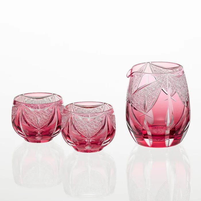 Edo Kiriko glass, Kagami Crystal glassware, Japanese cut glass, Kagura glass set, red crystal sake set, Japanese crystal cups, Edo Kiriko carafe and cups, handmade Japanese glassware, Tatsuya Nemoto glass, traditional Japanese drinkware, luxury sake glass set, Edo cut glass Japan, Japanese crystal gift set, handcrafted Japanese barware, artisan Japanese glass set