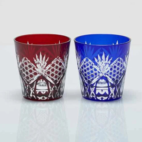 Edo Kiriko glass pair, Japanese cut glass tumblers, handcrafted crystal glasses Japan, red and blue glass pair, traditional Japanese glassware, artisan Edo cut glass, handmade tumblers Tokyo, Kagome lattice Edo Kiriko design, Japanese cultural gift set, luxury crystal glassware Japan, Japanese craftsmanship glass pair, cut crystal drinking glasses, Tokyo artisan glassware, collectible Japanese tumblers, symbolic red and blue Edo Kiriko pair