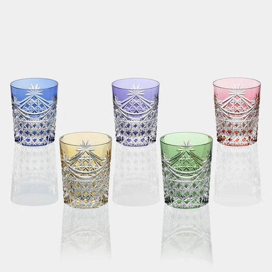 Edo Kiriko glass set, Kagami Crystal tumblers, Japanese cut glass tumblers, Edo Kiriko rocks glasses, handmade Japanese glassware, colored crystal tumblers Japan, Drape & Tetragonal Basket Weave design, Kagome motif glassware, traditional Japanese crystal, artisan Japanese drinkware, Kagami Crystal Edo faceted glass, luxury Japanese glass set