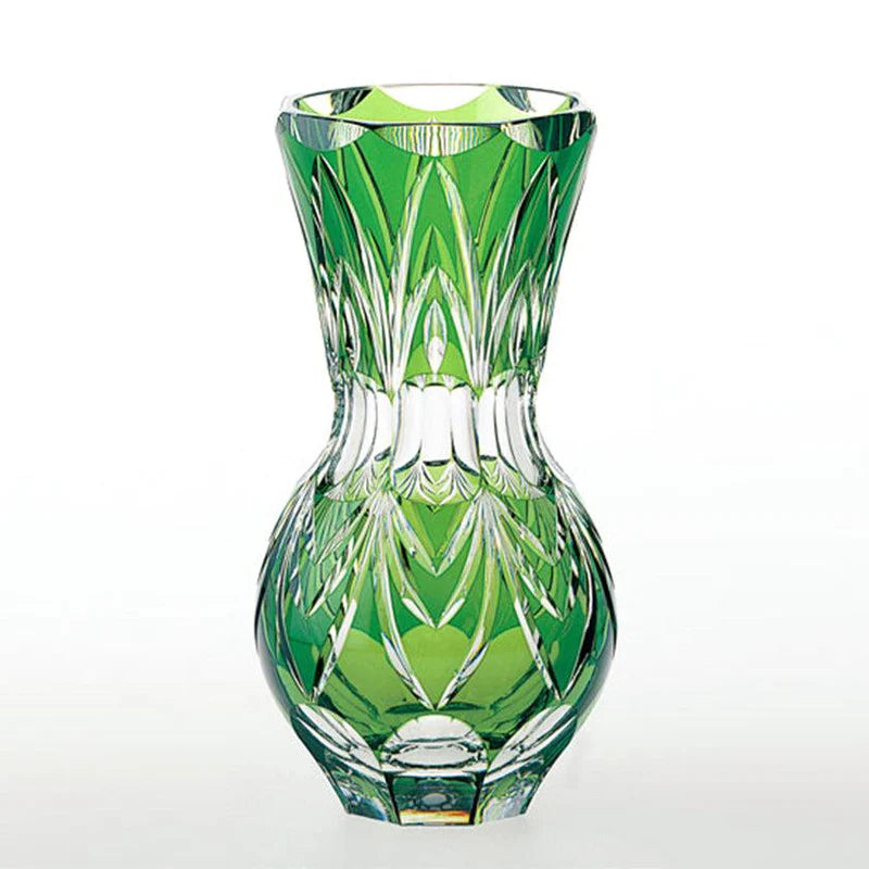 Edo Kiriko green vase, Kagami Crystal green glass vase, Japanese cut crystal vase, gourd-shaped Edo Kiriko, luxury Japanese vase, green crystal glass décor, handcrafted Japanese vase, Japanese artisan glassware, green Kagami Crystal Edo Kiriko, symbolic Japanese home décor, Edo Kiriko grass motif vase