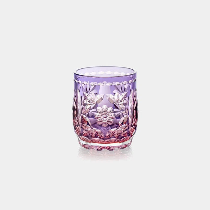 Edo Kiriko rocks glass, Kagami Crystal glass, Japanese cut glass, Hideaki Shinozaki glass, traditional Japanese whiskey glass, crystal sake cup, handmade Japanese glassware, purple Edo Kiriko tumbler, Japanese barware, artisan whiskey glass, Kasane-Irome layered color glass, floral motif cut glass, Japanese crystal gift, luxury whiskey tumbler Japan, symbolic Japanese flower glass, Ibaraki Kagami Crystal Edo Kiriko