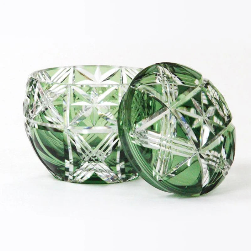 Edo Kiriko trinket box, Japanese crystal box, Kagami Crystal Japan, hand-cut crystal container, chrysanthemum pattern crystal, green cut glass box, cobalt blue cut glass box, Japanese temari ball design, Edo cut glassware Japan, luxury crystal gift, Japanese keepsake box, artisan crystal lidded bowl, collectible Japanese glass art, cultural Japanese gift, hand-carved crystal bowl, Ibaraki Japan glassware, Edo Kiriko decorative box, Japanese heritage crafts, traditional Japanese crystal design
