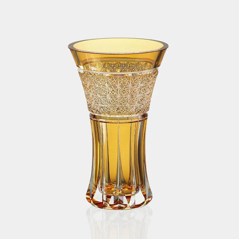 Edo Kiriko vase, Bonfire vase by Tatsuya Nemoto, Kagami Crystal yellow vase, Kiku Tsunagi cut glass, Japanese chrysanthemum motif vase, traditional Japanese cut glass, luxury crystal vase Japan, handmade Edo Kiriko vase, golden crystal glass vase, Kagami Crystal decorative vase, Japanese milestone celebration gift, Edo Kiriko artisan vase
