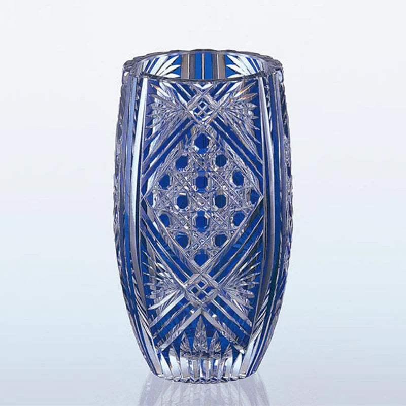 Edo Kiriko vase, Japanese cut glass vase, Kagami Crystal bamboo leaf vase, blue crystal Japanese vase, octagonal kagome vase, Japanese luxury glassware, traditional Japanese gift vase, cobalt blue Edo Kiriko, handmade Japanese crystal, auspicious Japanese décor, Edo cut glass bamboo design, Kagami Crystal art piece
