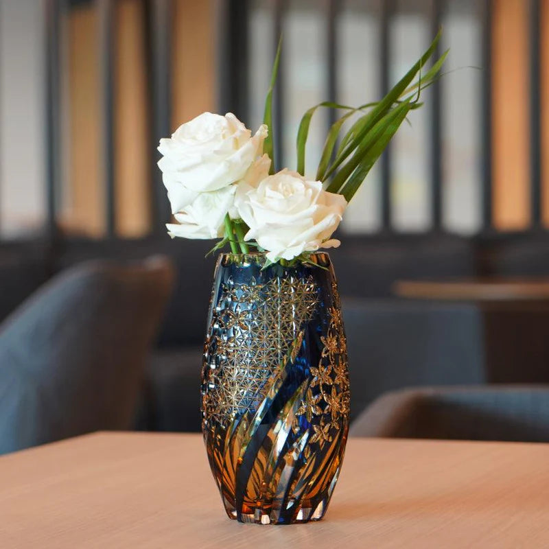 Edo Kiriko vase, Kagami Crystal vase, Japanese cut glass, Kumiko pattern vase, Kiku Tsunagi cut glass, Hoshi motif crystal, Japanese crystal glassware, luxury Japanese vase, cobalt blue cut glass vase, amber layered crystal, traditional Japanese vase, handcrafted Edo Kiriko, Japanese geometric pattern vase, chrysanthemum cut glass, Japanese artisanal glassware