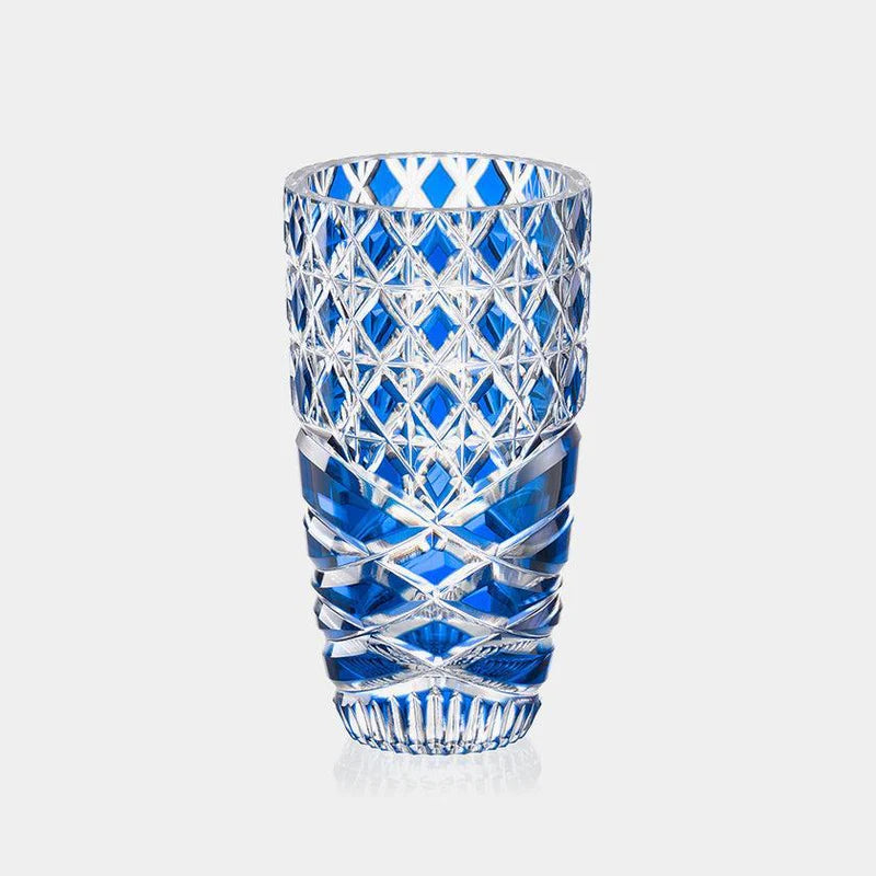 Edo Kiriko vase, Kagami Crystal vase, Japanese cut glass vase, blue crystal vase, chrysanthemum link vase, palisade pattern vase, Japanese artisan vase, traditional Japanese glassware, Sound of the Sea vase, luxury Japanese vase, ocean blue crystal vase, handmade Japanese vase, Edo cut glass art, Japanese cultural gifts, symbolic crystal vase.
