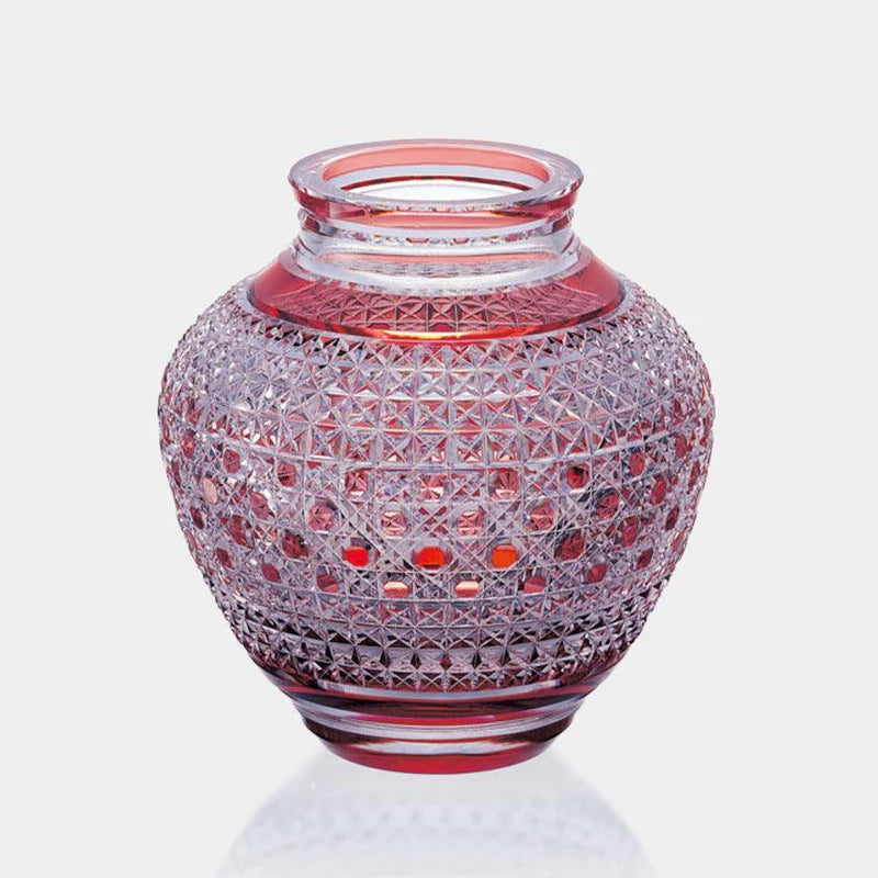 Edo Kiriko vase, Kagami Crystal vase, Japanese cut glass vase, hemp leaf asanoha vase, kagome pattern crystal, octagonal basket weave vase, red overlay crystal vase, Japanese traditional glass art, handmade Japanese crystal vase, luxury Japanese vase, Edo Kiriko gift, Japanese wedding gift vase, cultural Japanese home décor, collectible Japanese crystal