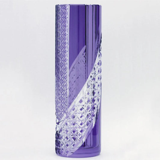 Edo Kiriko vase, Kagami Crystal vase, Japanese cut glass vase, purple crystal vase, hemp leaf pattern vase, square basket weave vase, Japanese artisan vase, traditional Japanese glassware, Edo Kiriko single flower vase, luxury Japanese vase, tall crystal flower vase, Edo purple vase, handmade Japanese vase, Japanese gift vase, cultural heritage crystal vase.