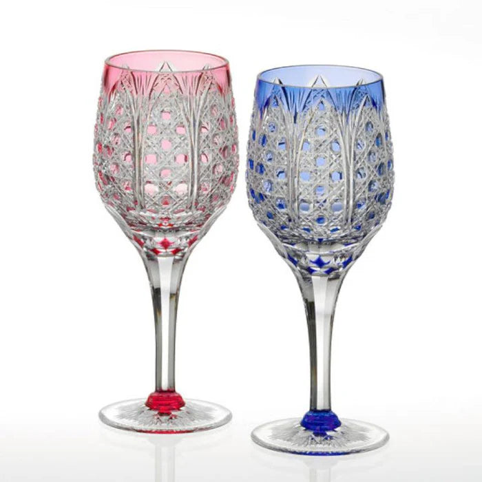 Edo Kiriko wine glasses, Kagami Crystal tall glasses, Edo Kiriko stemware, Japanese cut glass pair, bamboo leaf crystal glass, octagonal basket weave glass, red and blue crystal glasses, Edo Kiriko wedding gift, handcrafted Japanese crystal glass, Edo Kiriko champagne glasses, Kagami Crystal Edo Kiriko, Japanese anniversary gift glass set, bamboo and basket weave Edo Kiriko, traditional Japanese crystal