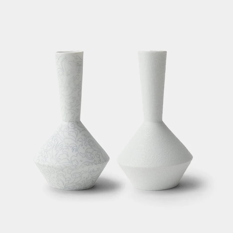 Foo Tokyo porcelain vase, Japanese porcelain flower vase, Mino Gifu handcrafted vase, acanthus motif vase, karakusa pattern vase, gray porcelain vase Japan, white porcelain vase Japan, modern Japanese home decor, single flower porcelain vase, minimalist Japanese vase, artisan handmade porcelain vase, symbolic Japanese ceramic, contemporary Japanese pottery
