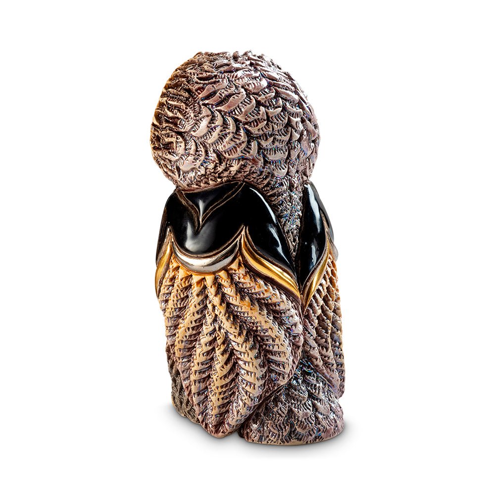 Hand-carved African Cape Owl figurine, 11.5×7×8 cm, with platinum and gold accents and vivid enamel glaze. Symbolic owl sculpture featuring fine feather detailing and artisanal craftsmanship. Wisdom owl gift sculpture. Small carved owl art piece.
