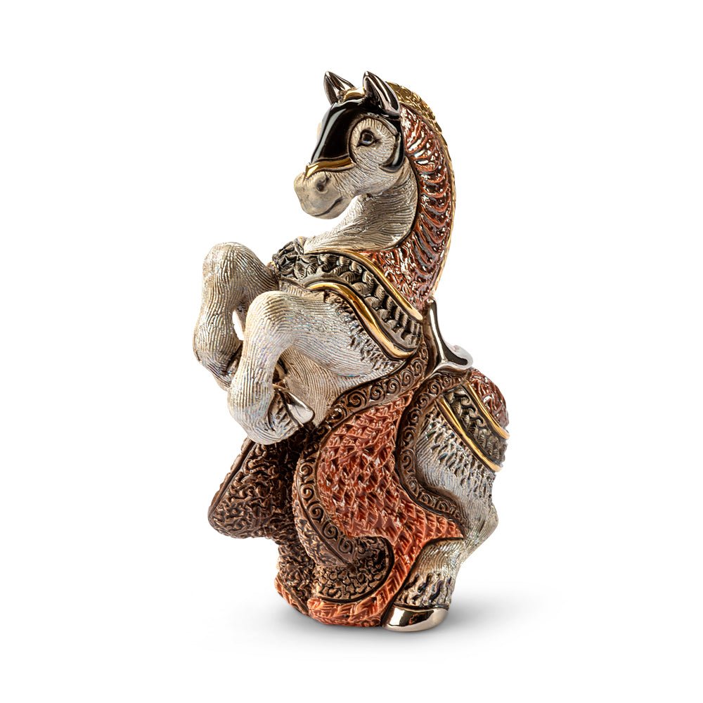 Hand-painted red gray jousting horse sculpture with platinum & gold armor. Handcrafted collectible figurine, 10x7x14 cm. Symbol of courage & nobility.