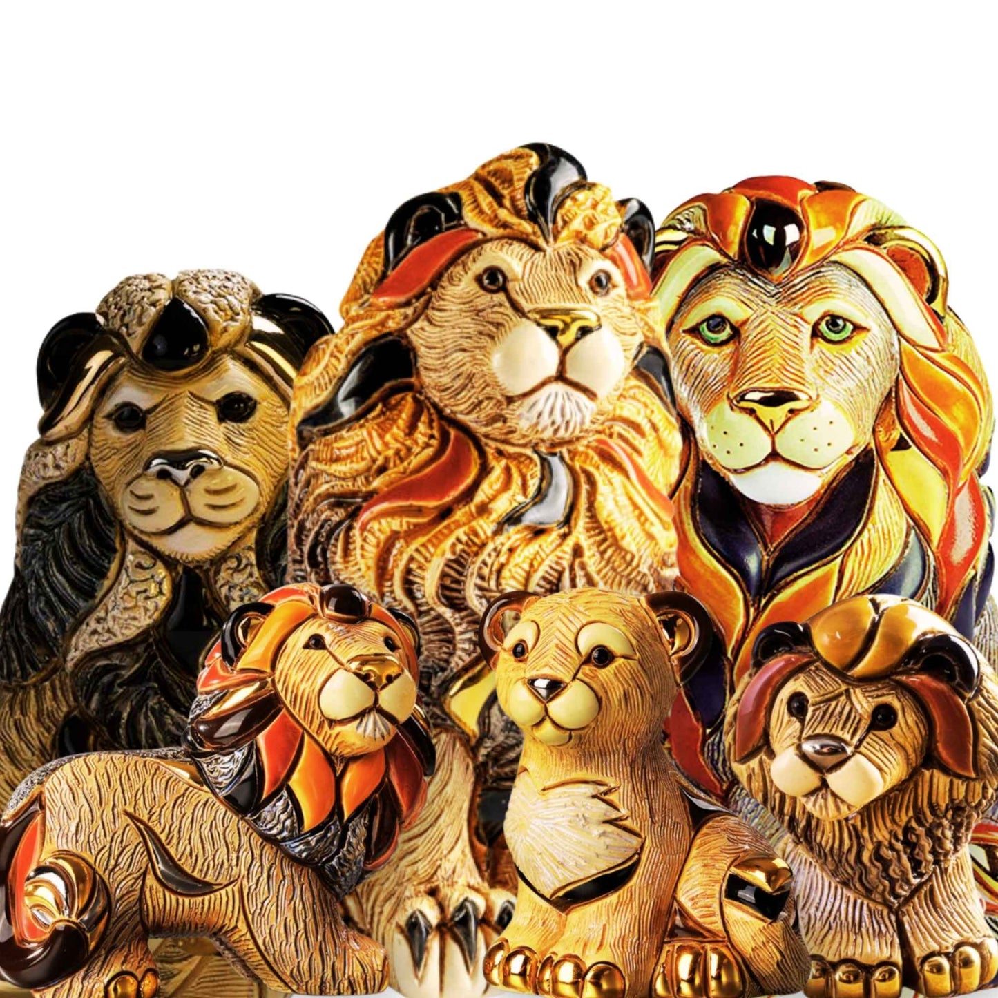 Handmade lion figurine set. Ceramic lion family sculpture. Regal lion statue bundle. Collectible lions with gold accents. Safari animal figurine decor. Jungle king art statue. Lion and cub ceramic set. Luxury wildlife collectible. Animal figurines handmade. De Rosa lion sculpture gift set