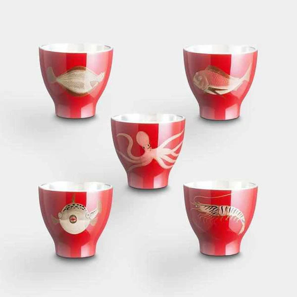 Japanese sake cup set, seafood sake cups, Wajima lacquer sake cups, Osaka Naniwa pewter ware, tin sake cup, vermilion sake cup, black sake cup, Japanese sake ware, octopus sake cup, pufferfish sake cup, sea bream sake cup, shrimp sake cup, flatfish sake cup, handcrafted Japanese drinkware, paulownia box sake set, artisan sake cups Japan, symbolic sake cups