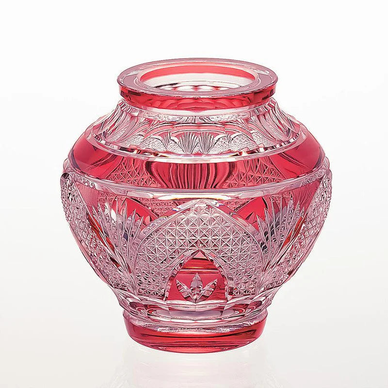 Kagami Crystal Edo Kiriko vase, Japanese cut glass vase, bamboo leaves hemp leaves pattern, luxury Japanese crystal glassware, handcrafted Edo Kiriko vase, red crystal flower vase, Japanese art glass, traditional Japanese gift, Aladdin pot shape vase, Ibaraki Kagami Crystal, Japanese wedding gift vase, Edo Kiriko craftsmanship, Japanese home decor vase, double-layered crystal vase, luxury Japanese interior decoration