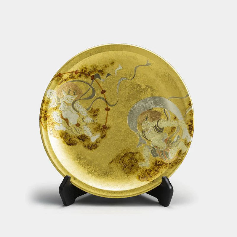 Kanazawa gold leaf plate, Fujin Raijin art, Japanese decorative plate, Hakuichi gold leaf craft, Wind God Thunder God plate, Japanese lacquerware art, handmade gold leaf ornament, traditional Japanese wall plate, Kanazawa foil craft, gold leaf home décor, Japanese art collectibles, gold leaf cultural ornament, handmade Japanese plate, luxury Japanese display plate