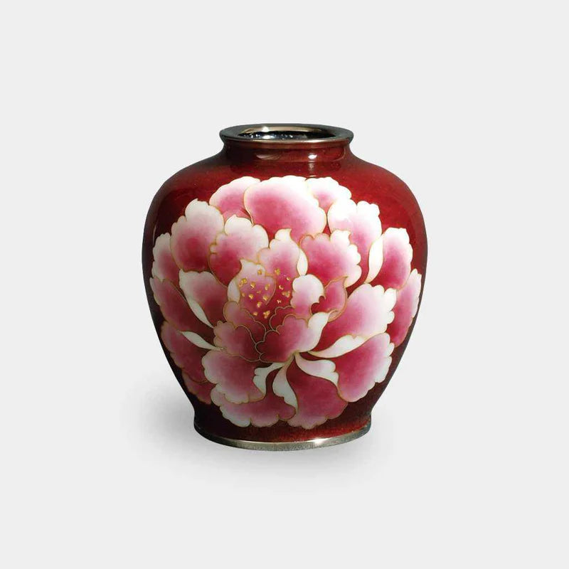 Owari Cloisonné vase, Japanese cloisonné, gold red enamel vase, peony flower vase, Kato Shippo Seisakusyo, Japanese enamel art, gold leaf cloisonné, miniature Japanese vase, handcrafted cloisonné vase, traditional Japanese vase, Japanese floral art, small collectible vase, Japanese enamelware, luxury Japanese gift, Aichi Prefecture crafts