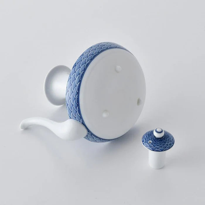 Seigaiha teapot set, Japanese porcelain tea set, Mikawachi ware tea set, Hirado Shozan porcelain, Japanese wave pattern cups, blue and white porcelain Japan, traditional Japanese tea set, Seigaiha motif pottery, Nagasaki porcelain ware, hand-painted Japanese ceramics, Hirado teapot and cup set, ocean wave design porcelain, Japanese gift tea set, artisanal porcelain Japan