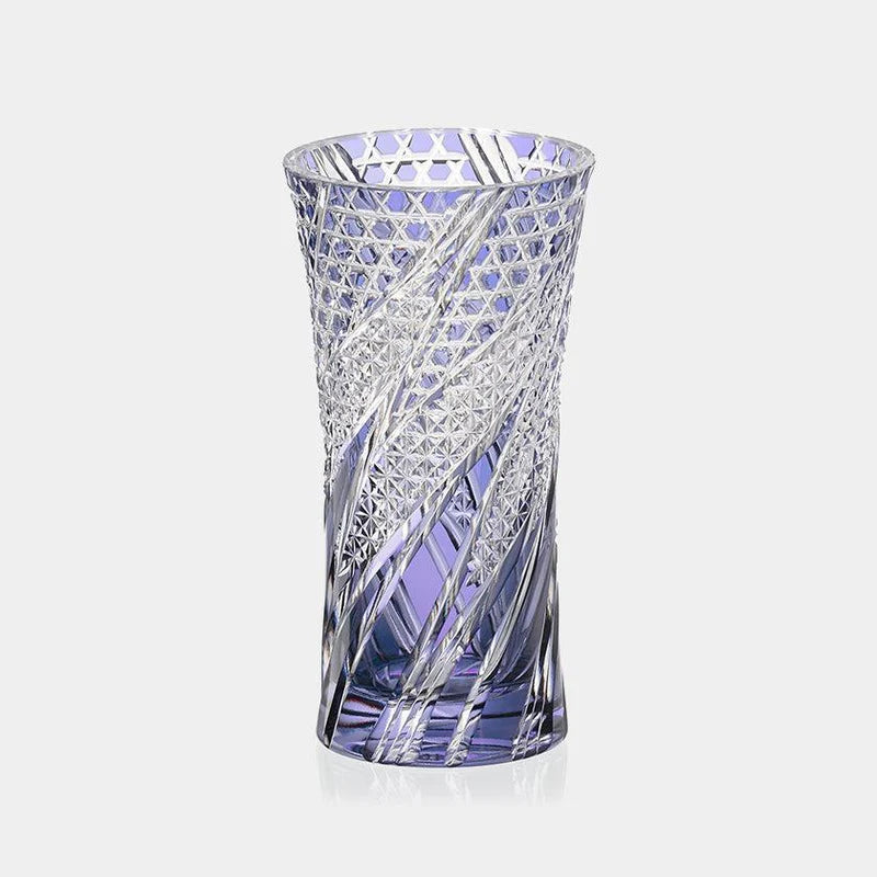 Wisteria Edo Kiriko vase, Japanese crystal vase, Kagami Crystal vase, handcrafted cut glass, traditional Japanese glassware, violet crystal vase, Edo cut glass patterns, hexagonal basket weave design, hemp leaf motif, Japanese artisan vase, luxury home decor Japan, handmade crystal vase, purple glass vase, Ibaraki Japan crafts, collectible Japanese vase