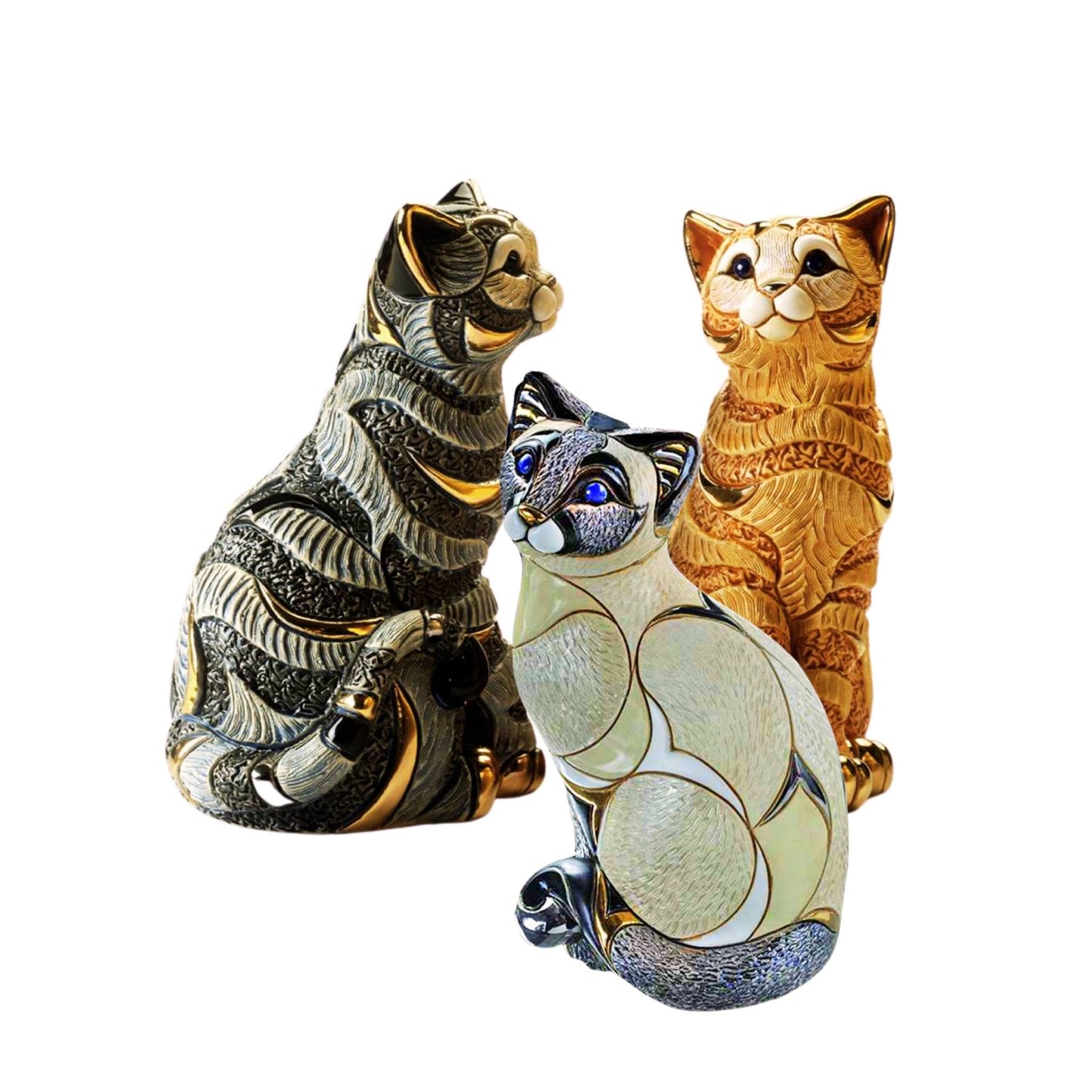 cat figurines, collectible cat sculptures, hand-painted ceramic cats, De Rosa Rinconada cats, Siamese cat statue, striped cat figurine, artisan cat decor, ceramic cat collectibles, luxury cat figurines, handmade cat sculptures, Uruguay ceramic art, decorative cat statues, gold accent cat figurines, collectible animal sculptures, cat lover gifts, cultural cat art