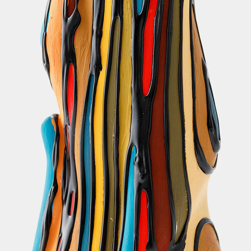 striped beckoning cat, vertical striped manekineko, modern Japanese lucky cat, Yumino doll figurine, Bond Tominaga art, handmade Japanese manekineko, contemporary Japanese folk art, Saga Japan clay figurine, colorful Japanese lucky charm, decorative manekineko gift, handcrafted cat sculpture Japan