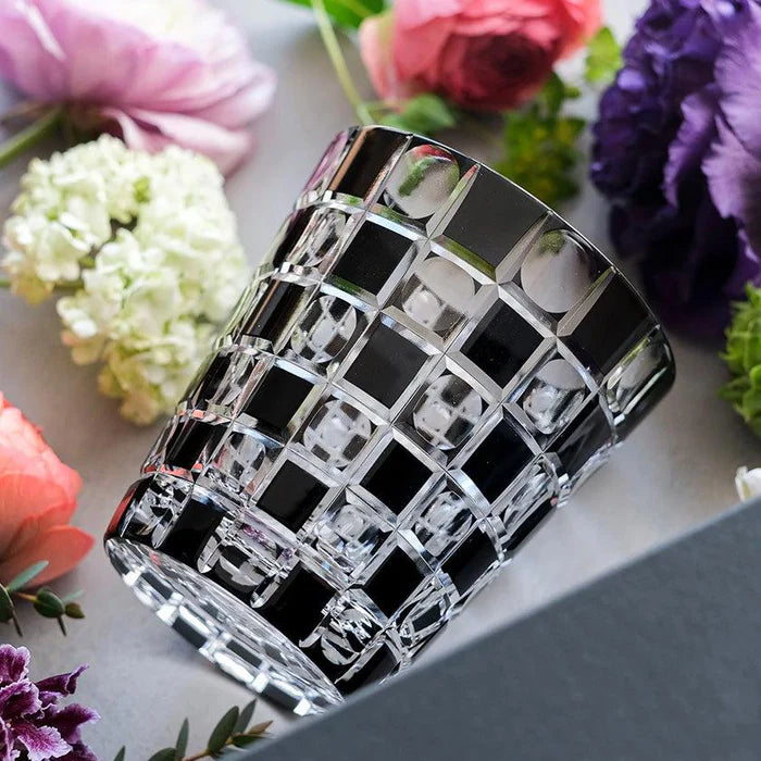 Edo Kiriko glass, Kuroco glass, Japanese cut glass, Edo Kiriko black glass, Kimoto glassware, checkered glass, Japanese whiskey glass, Edo Kiriko old glass, handcrafted glass Tokyo, Japanese luxury glassware, modern Edo Kiriko, Ichimatsu pattern glass, Japanese faceted glass, traditional Japanese giftware