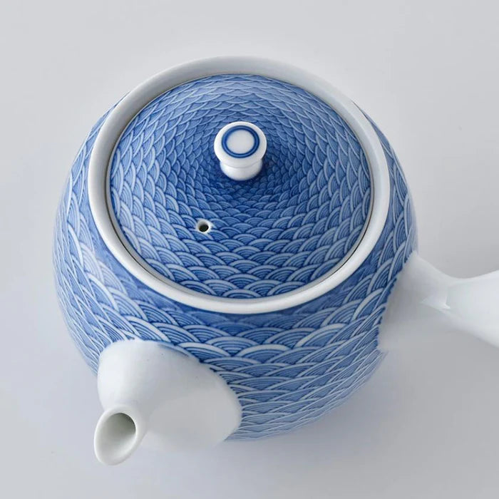 Japanese tea set, Kyusu teapot set, Mikawachi ware porcelain, Hirado Shozan tea set, Seigaiha tea set, Japanese Sencha cups, traditional Japanese porcelain, blue and white Japanese teapot, handmade Japanese tea set, Japanese porcelain tea cups, Nagasaki Mikawachi ware, Seigaiha wave pattern tea set, Japanese Kyusu with strainer, authentic Japanese tea ware