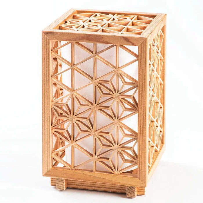 Kumiko lantern, Japanese wooden lantern, Asanoha hemp leaf lamp, Kumiko joinery light, Akita cedar lantern, Japanese cube lamp, handcrafted Japanese lamp, Hyakunen Monogatari project lantern, Ominato Bunkichi Shoten lighting, traditional Japanese Kumiko lamp, Mitsukude Kumiko lantern, Japanese wood and light design, artisan Kumiko lighting, Niigata handmade lamp, Japanese lattice lamp, housewarming Japanese lantern, symbolic hemp leaf lamp