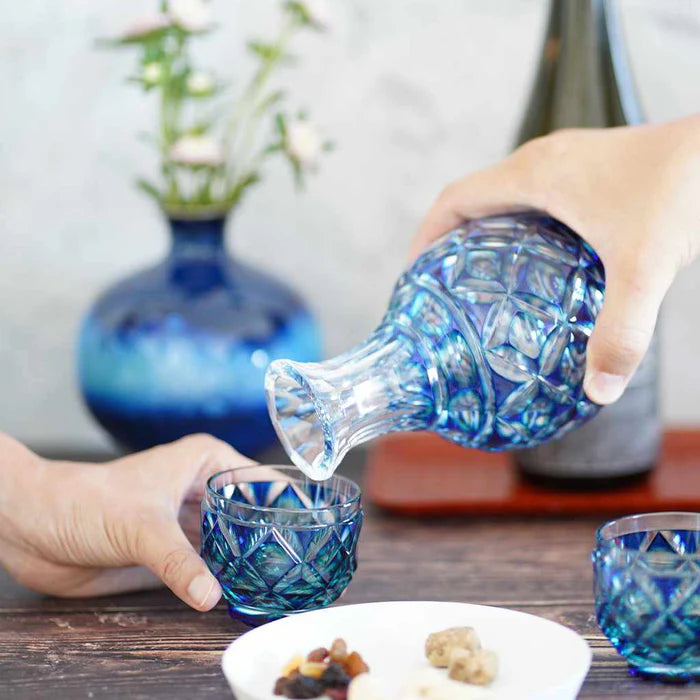 Satsuma Kiriko, Satsuma cut glass, Japanese crystal carafe, Satsuma Vidro, handmade Japanese glassware, lapis lazuli glass carafe, gold red cut glass, green cut glass, Japanese crystal set, traditional Japanese glass, Kagoshima glassware, Edo period glass technique, Japanese tableware gift, artisan cut crystal, paulownia gift box glassware, Japanese craftsmanship glass