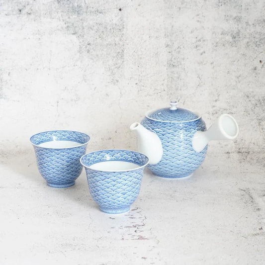 Japanese tea set, Kyusu teapot set, Mikawachi ware porcelain, Hirado Shozan tea set, Seigaiha tea set, Japanese Sencha cups, traditional Japanese porcelain, blue and white Japanese teapot, handmade Japanese tea set, Japanese porcelain tea cups, Nagasaki Mikawachi ware, Seigaiha wave pattern tea set, Japanese Kyusu with strainer, authentic Japanese tea ware