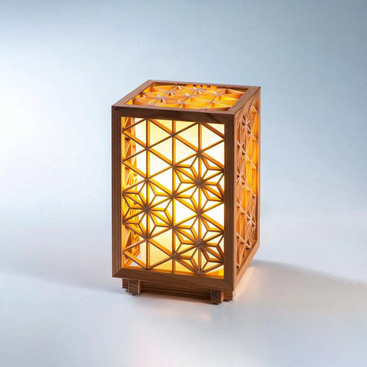 Kumiko lantern, Japanese wooden lantern, Asanoha hemp leaf lamp, Kumiko joinery light, Akita cedar lantern, Japanese cube lamp, handcrafted Japanese lamp, Hyakunen Monogatari project lantern, Ominato Bunkichi Shoten lighting, traditional Japanese Kumiko lamp, Mitsukude Kumiko lantern, Japanese wood and light design, artisan Kumiko lighting, Niigata handmade lamp, Japanese lattice lamp, housewarming Japanese lantern, symbolic hemp leaf lamp
