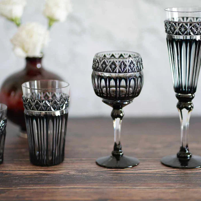 black Satsuma Kiriko glass, Japanese cut glassware, luxury Japanese tableware, handcrafted faceted glass Japan, Satsuma Vidro artisan glass, black crystal glass cup Kagoshima, traditional Japanese craft stemware, paulownia wood gift box Japanese glass, Japanese décor collectible glassware, Edo period Satsuma cut glass, modern Japanese luxury drinking glass, handmade Japanese glass gift, black Kiriko faceted glass, Kagoshima traditional craft, Japanese artisan stemware, luxury Japanese décor, crystal faceted