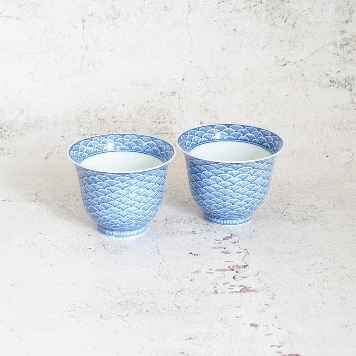 Japanese tea set, Kyusu teapot set, Mikawachi ware porcelain, Hirado Shozan tea set, Seigaiha tea set, Japanese Sencha cups, traditional Japanese porcelain, blue and white Japanese teapot, handmade Japanese tea set, Japanese porcelain tea cups, Nagasaki Mikawachi ware, Seigaiha wave pattern tea set, Japanese Kyusu with strainer, authentic Japanese tea ware