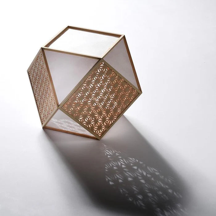 Kiriko lamp, Japanese Kiriko light, Kumiko Kiriko stand light, Japanese cube lamp, wooden Japanese lamp, Hinoki cypress lamp, Japanese lattice lamp, Kyoto handmade lamp, Murayama Mokko lamp, Kyo Sashimono lighting, Shippo pattern lamp, Asanoha hemp leaf lamp, masu square pattern lamp, arabesque Japanese lamp, Suminagashi lamp, flowing water lamp, traditional Japanese wooden lighting, handmade Japanese floor lamp, symbolic Japanese decor