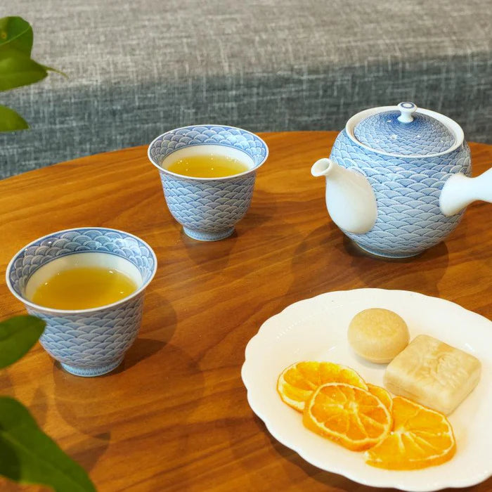 Japanese tea set, Kyusu teapot set, Mikawachi ware porcelain, Hirado Shozan tea set, Seigaiha tea set, Japanese Sencha cups, traditional Japanese porcelain, blue and white Japanese teapot, handmade Japanese tea set, Japanese porcelain tea cups, Nagasaki Mikawachi ware, Seigaiha wave pattern tea set, Japanese Kyusu with strainer, authentic Japanese tea ware