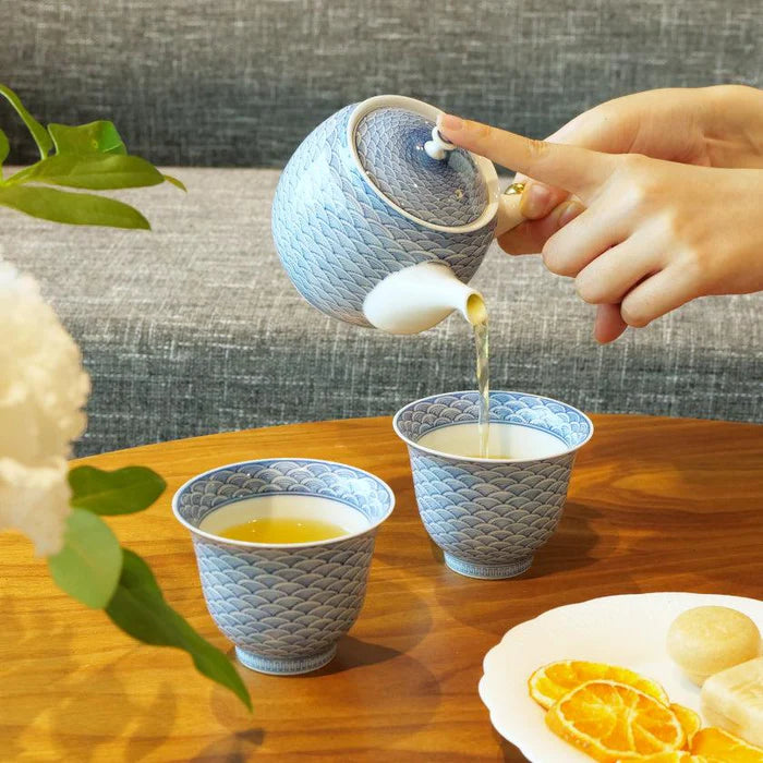 Japanese tea set, Kyusu teapot set, Mikawachi ware porcelain, Hirado Shozan tea set, Seigaiha tea set, Japanese Sencha cups, traditional Japanese porcelain, blue and white Japanese teapot, handmade Japanese tea set, Japanese porcelain tea cups, Nagasaki Mikawachi ware, Seigaiha wave pattern tea set, Japanese Kyusu with strainer, authentic Japanese tea ware