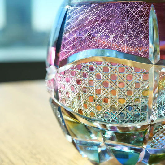 Kiriko Reimagined Glass, limited edition Japanese glass, Haruka Horie glass art, Rinzen glassware, traditional Kiriko cut glass, handmade Japanese glass, Tokyo artisan glass, collectible Japanese glassware, Kiku Tsunagi pattern, Kagome lattice glass, Nanako Edo Kiriko design, Japanese cultural gifts, rare Japanese glassware, hand-cut Japanese soda glass, modern Japanese craftsmanship