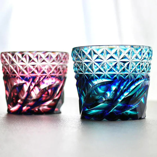 Satsuma Kiriko glass, Satsuma faceted glass, Kagoshima cut glass, Japanese soba choko cups, double-layer crystal glass Japan, lapis lazuli cut glass, Edo-period Satsuma glass revival, Japanese chrysanthemum motif glassware, flowing water pattern glass, handmade crystal glass Japan, Satsuma Vidro faceted cups, traditional Japanese cut glass gifts, paulownia wood box Japanese giftware, Japanese soba cup set